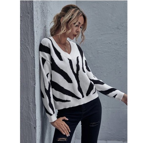 Zebra Stripes Printed V-Neck Sweater White & Black Drop Shoulder Knit - Picture 4 of 6